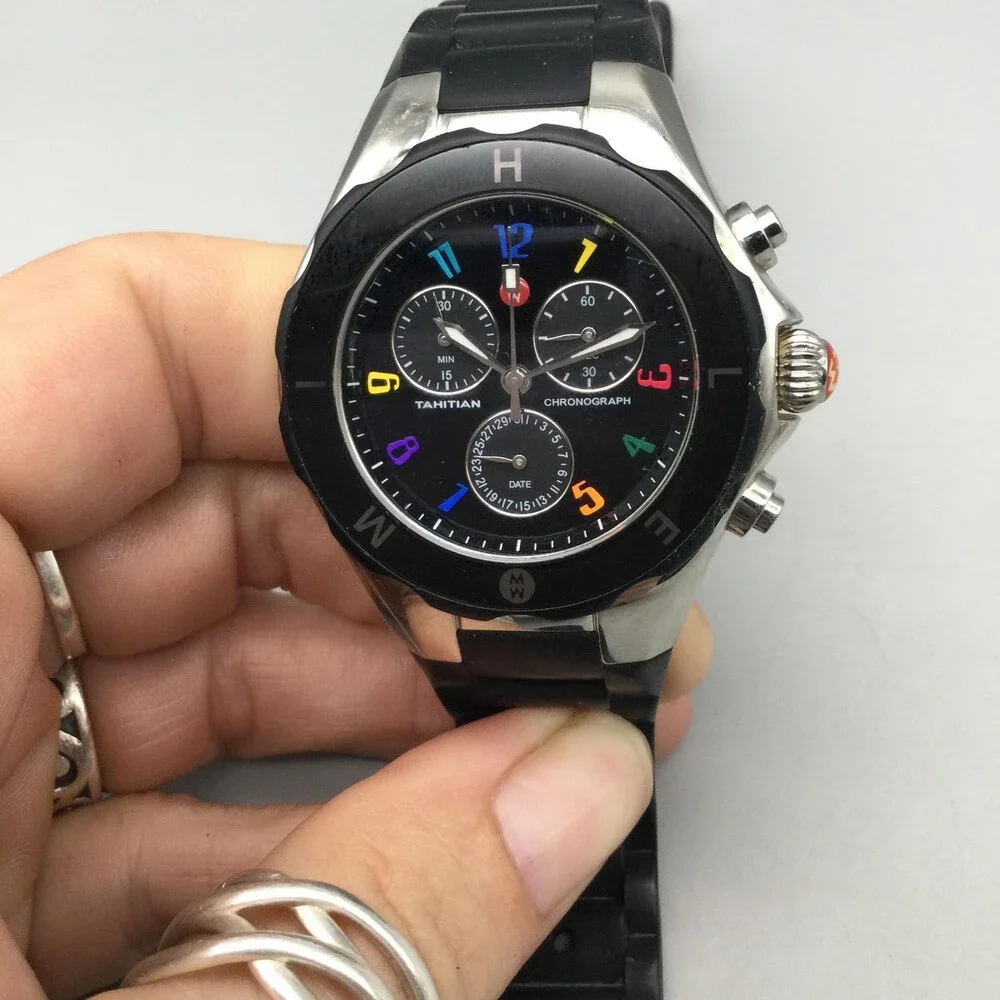 Michele Tahitian Jelly Bean Chronograph Womens Watch 37mm Black Dial New Battery